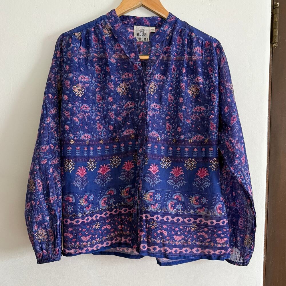 BLUE BOHEME Lightweight Cotton Voile Blue Printed and Painted Boho Top One Size